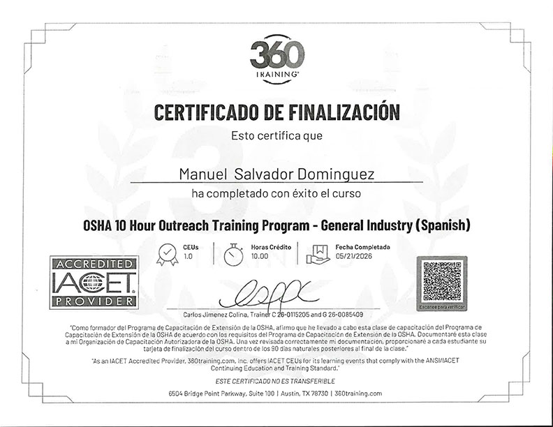 Manuel Salvador Dominguez OSHA License